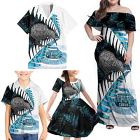 New Zealand Silver Fern Curling Personalised Family Matching Off Shoulder Maxi Dress and Hawaiian Shirt Aotearoa Kiwi Ponga Paua Shell Version - Polynesian Pride
