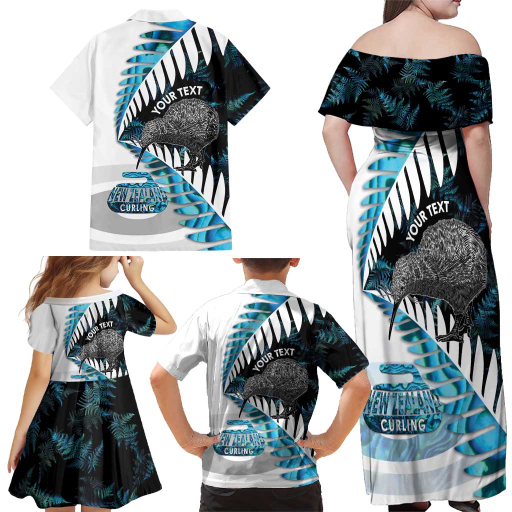 New Zealand Silver Fern Curling Personalised Family Matching Off Shoulder Maxi Dress and Hawaiian Shirt Aotearoa Kiwi Ponga Paua Shell Version - Polynesian Pride