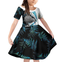 New Zealand Silver Fern Curling Personalised Family Matching Off Shoulder Short Dress and Hawaiian Shirt Aotearoa Kiwi Ponga Paua Shell Version - Polynesian Pride
