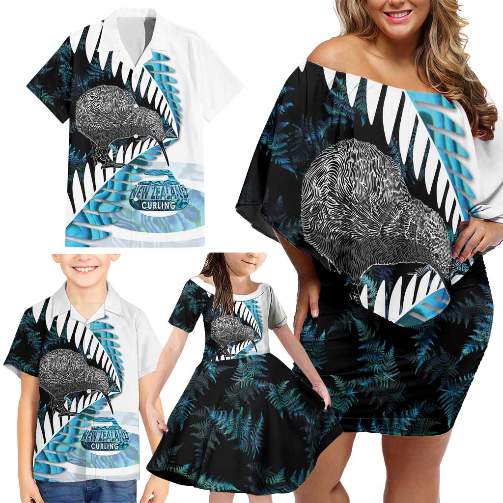 New Zealand Silver Fern Curling Personalised Family Matching Off Shoulder Short Dress and Hawaiian Shirt Aotearoa Kiwi Ponga Paua Shell Version - Polynesian Pride