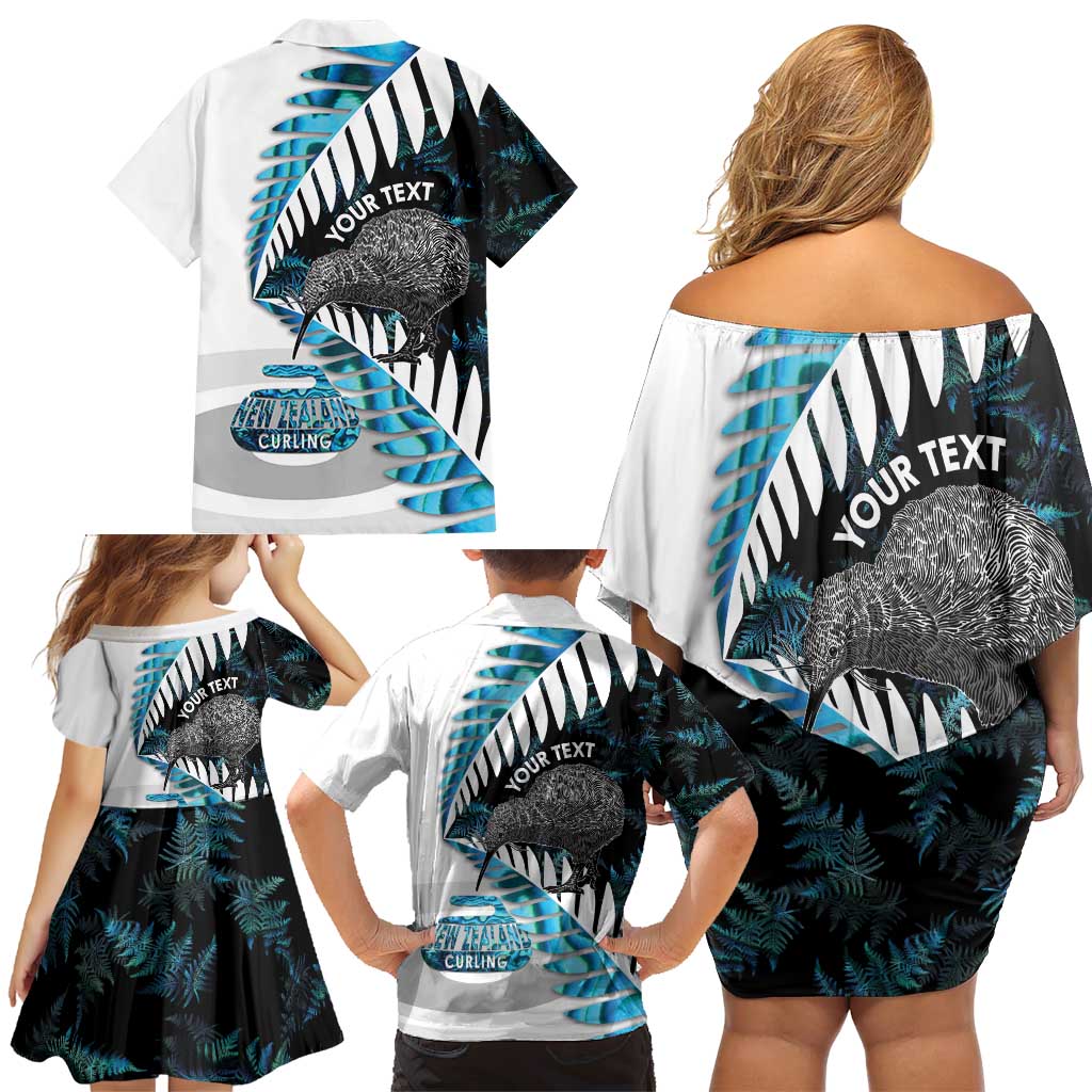New Zealand Silver Fern Curling Personalised Family Matching Off Shoulder Short Dress and Hawaiian Shirt Aotearoa Kiwi Ponga Paua Shell Version - Polynesian Pride