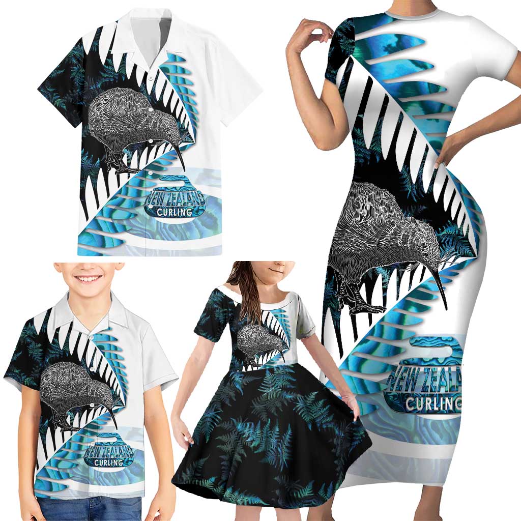 New Zealand Silver Fern Curling Personalised Family Matching Short Sleeve Bodycon Dress and Hawaiian Shirt Aotearoa Kiwi Ponga Paua Shell Version - Polynesian Pride