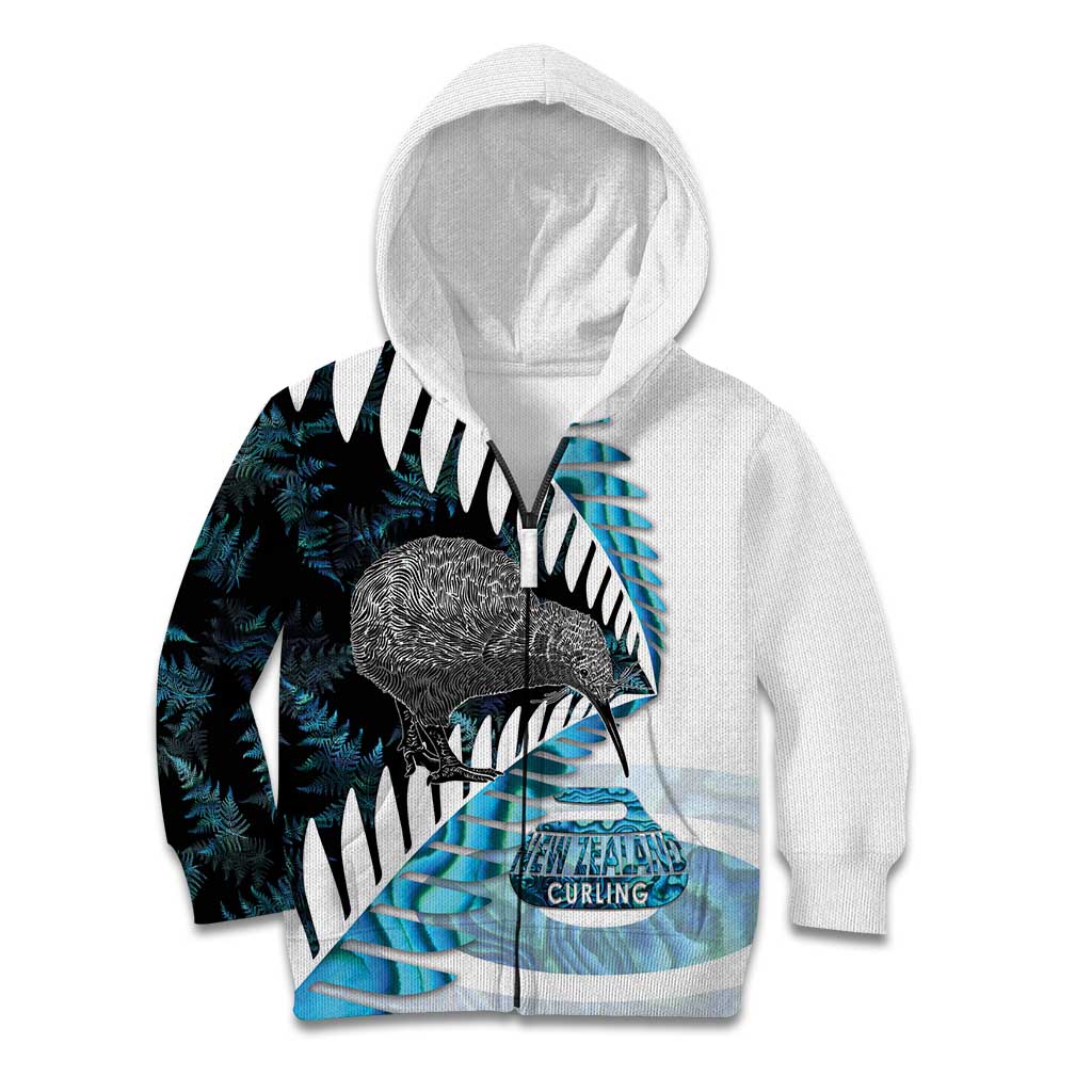 New Zealand Silver Fern Curling Personalised Kid Hoodie Aotearoa Kiwi Ponga Paua Shell Version LT14 Zip Hoodie Black - Polynesian Pride