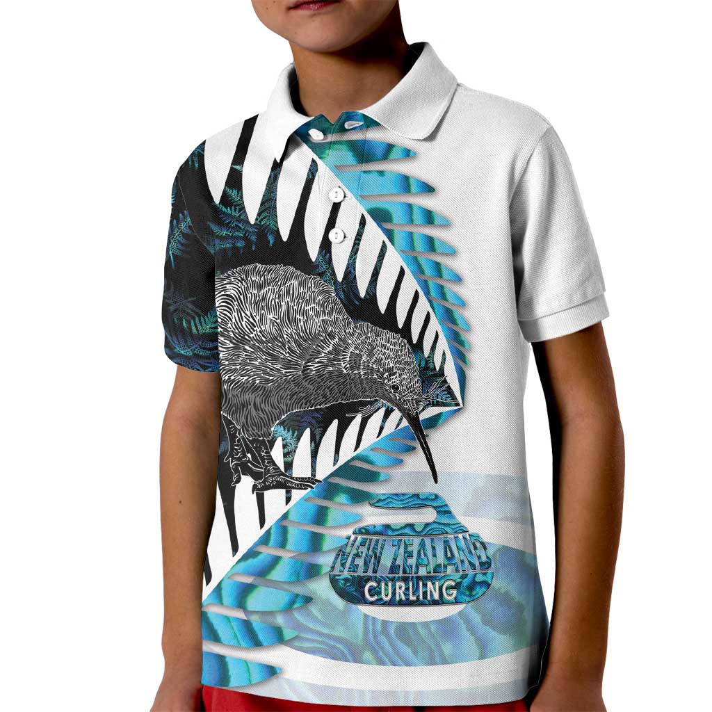 New Zealand Silver Fern Curling Personalised Kid Polo Shirt Aotearoa Kiwi Ponga Paua Shell Version LT14 Kid Black - Polynesian Pride