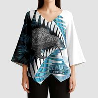 New Zealand Silver Fern Curling Personalised Kimono Sleeve Blouse Aotearoa Kiwi Ponga Paua Shell Version LT14 - Polynesian Pride