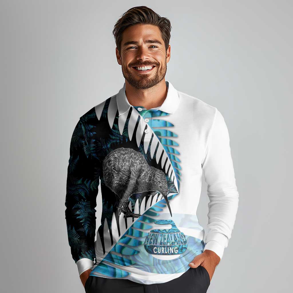 New Zealand Silver Fern Curling Personalised Long Sleeve Polo Shirt Aotearoa Kiwi Ponga Paua Shell Version LT14 - Polynesian Pride