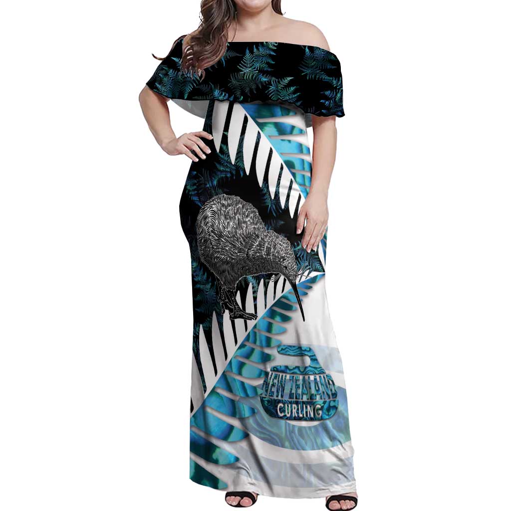 New Zealand Silver Fern Curling Personalised Off Shoulder Maxi Dress Aotearoa Kiwi Ponga Paua Shell Version LT14 Women Black - Polynesian Pride