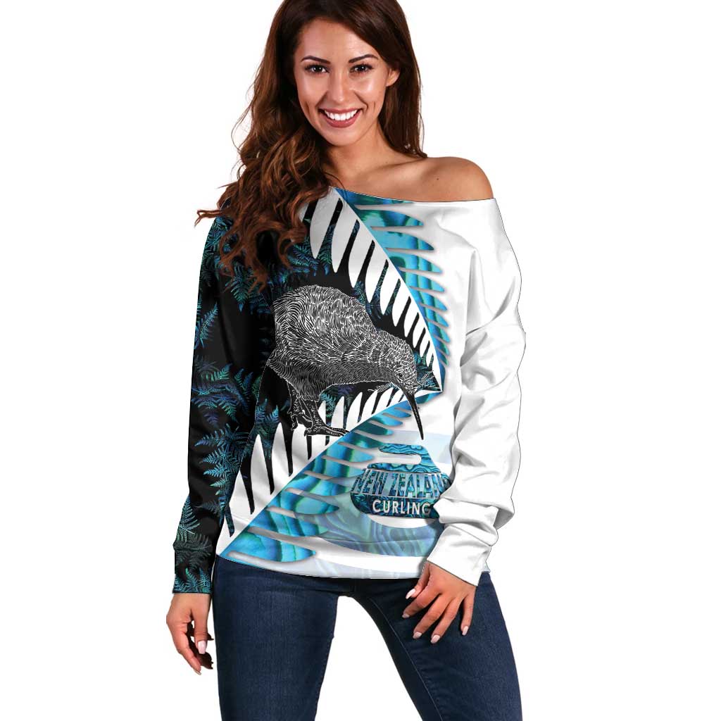 New Zealand Silver Fern Curling Personalised Off Shoulder Sweater Aotearoa Kiwi Ponga Paua Shell Version LT14 Women Black - Polynesian Pride