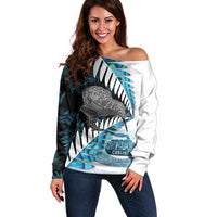New Zealand Silver Fern Curling Personalised Off Shoulder Sweater Aotearoa Kiwi Ponga Paua Shell Version LT14 Women Black - Polynesian Pride