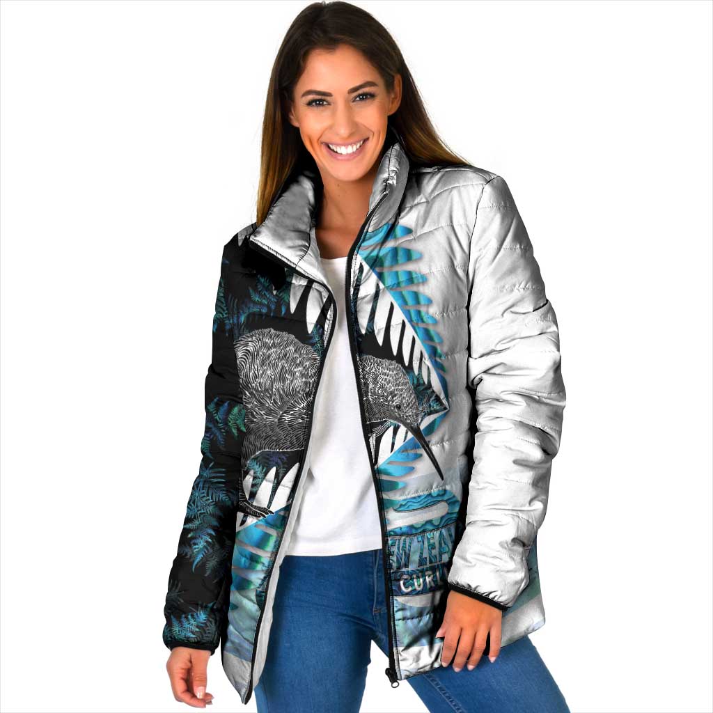 New Zealand Silver Fern Curling Personalised Padded Jacket Aotearoa Kiwi Ponga Paua Shell Version LT14 Women Black - Polynesian Pride