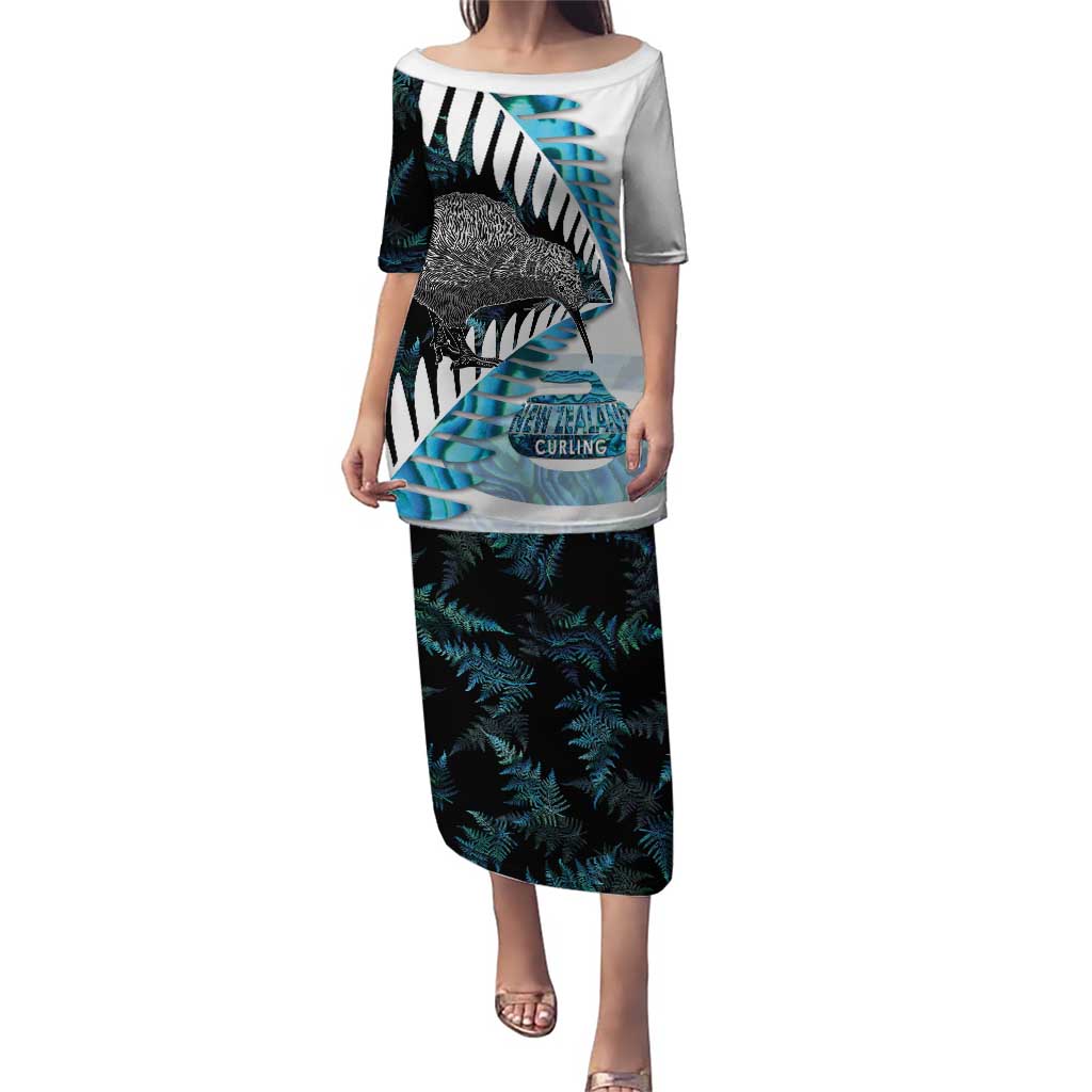 New Zealand Silver Fern Curling Personalised Puletasi Aotearoa Kiwi Ponga Paua Shell Version LT14 Long Dress Black - Polynesian Pride