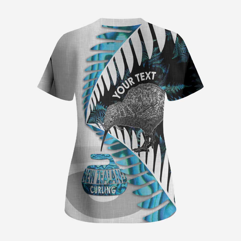 New Zealand Silver Fern Curling Personalised Scrub Top Aotearoa Kiwi Ponga Paua Shell Version LT14 - Polynesian Pride