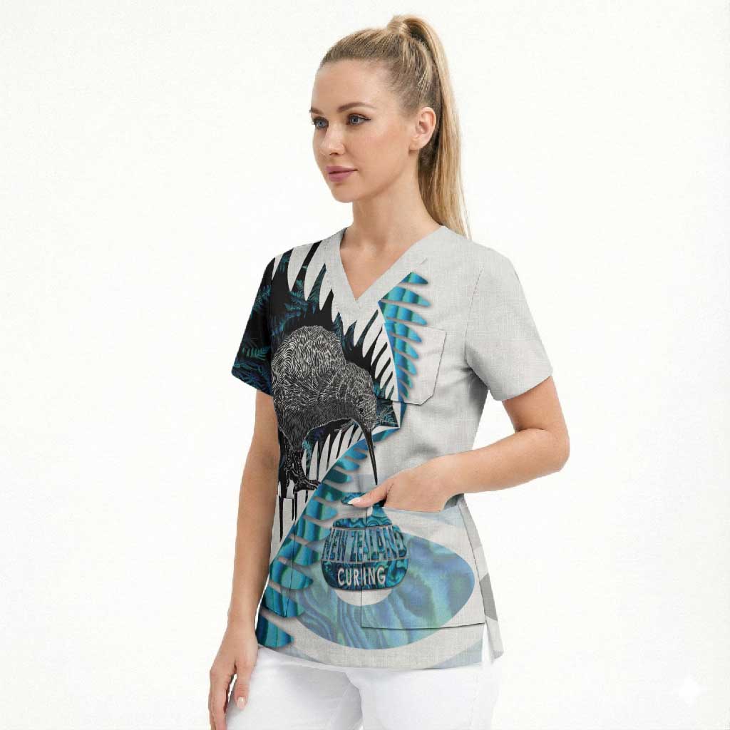 New Zealand Silver Fern Curling Personalised Scrub Top Aotearoa Kiwi Ponga Paua Shell Version LT14 - Polynesian Pride
