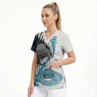 New Zealand Silver Fern Curling Personalised Scrub Top Aotearoa Kiwi Ponga Paua Shell Version LT14 - Polynesian Pride