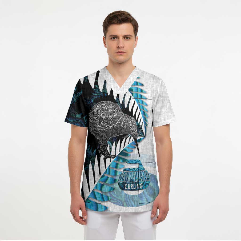 New Zealand Silver Fern Curling Personalised Scrub Top Aotearoa Kiwi Ponga Paua Shell Version LT14 - Polynesian Pride