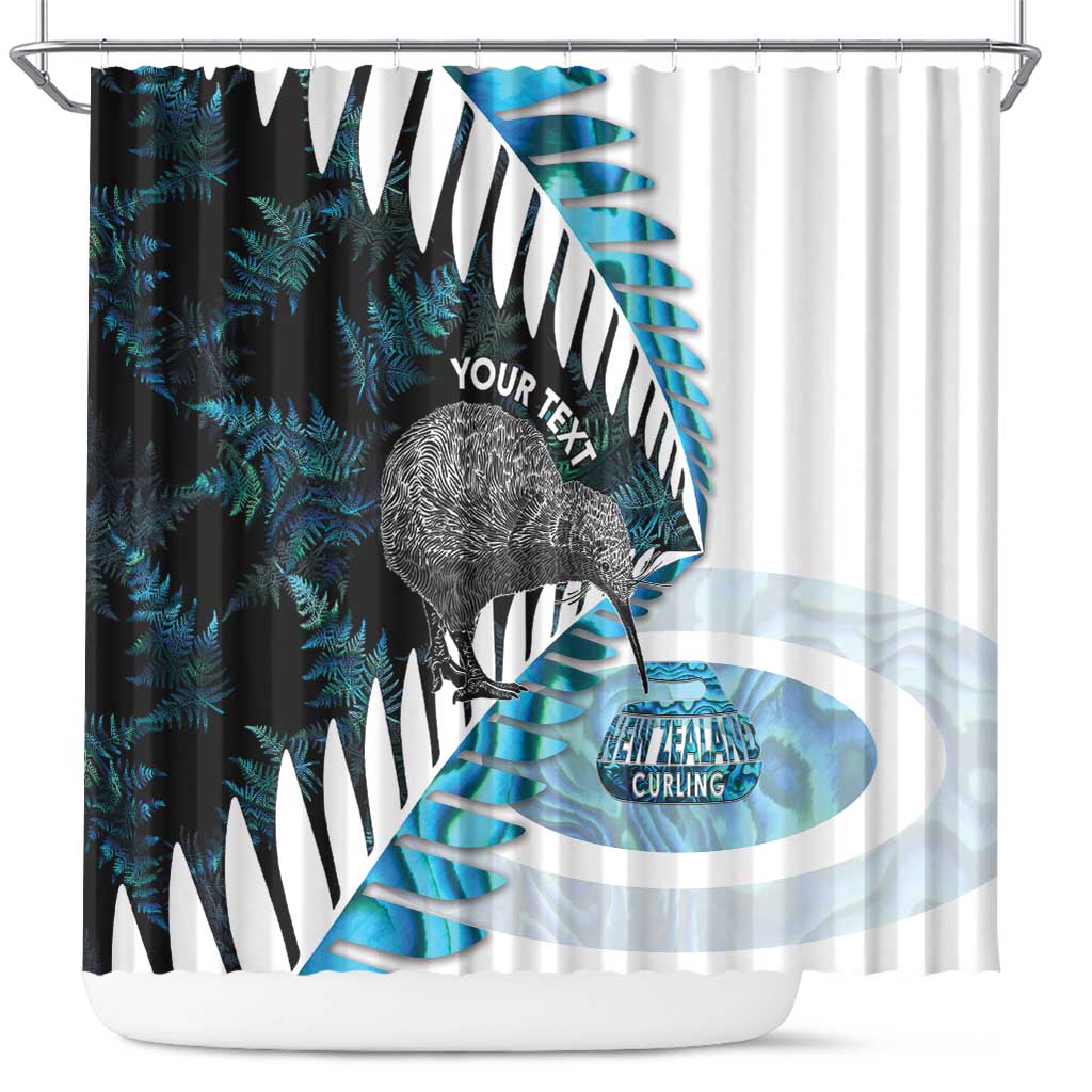 New Zealand Silver Fern Curling Personalised Shower Curtain Aotearoa Kiwi Ponga Paua Shell Version LT14 Black - Polynesian Pride