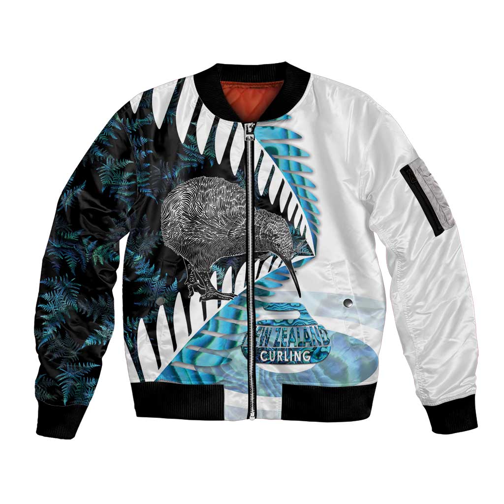 New Zealand Silver Fern Curling Personalised Sleeve Zip Bomber Jacket Aotearoa Kiwi Ponga Paua Shell Version LT14 Unisex Black - Polynesian Pride