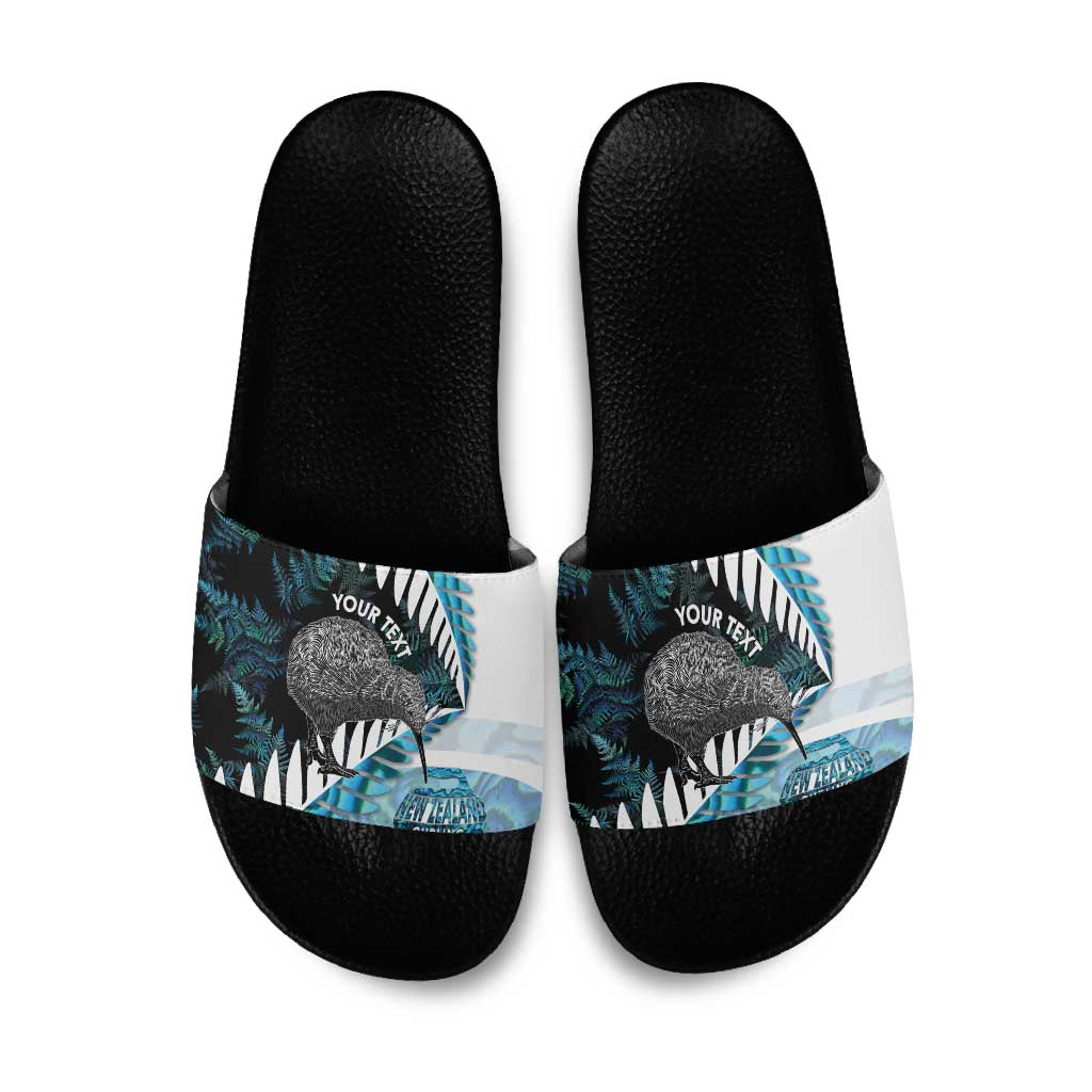 New Zealand Silver Fern Curling Personalised Slide Sandals Aotearoa Kiwi Ponga Paua Shell Version LT14 Black - Polynesian Pride