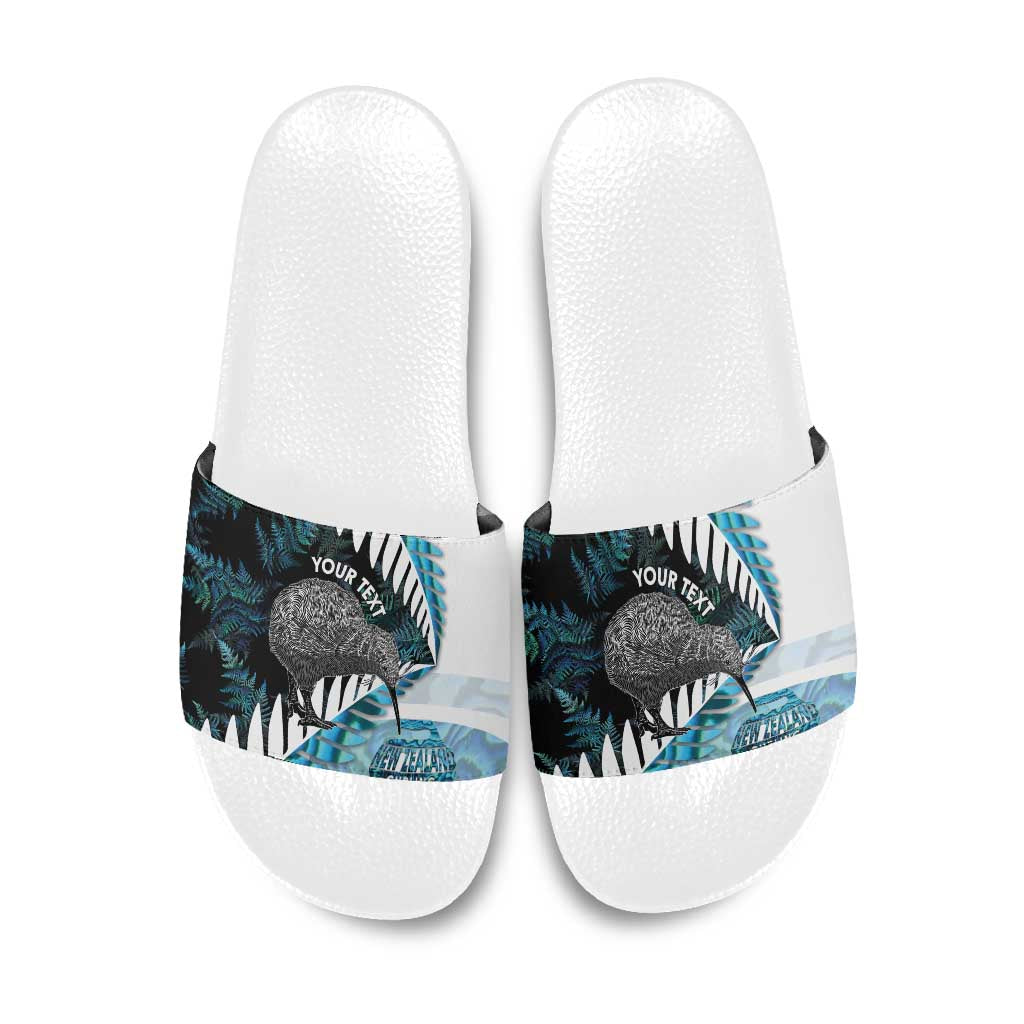 New Zealand Silver Fern Curling Personalised Slide Sandals Aotearoa Kiwi Ponga Paua Shell Version LT14 Black - Polynesian Pride