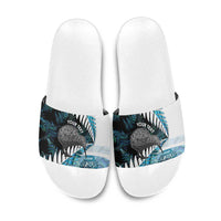 New Zealand Silver Fern Curling Personalised Slide Sandals Aotearoa Kiwi Ponga Paua Shell Version LT14 Black - Polynesian Pride