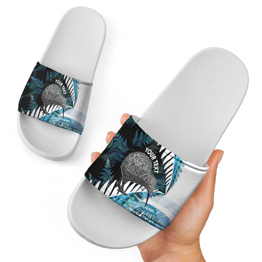 New Zealand Silver Fern Curling Personalised Slide Sandals Aotearoa Kiwi Ponga Paua Shell Version LT14 - Polynesian Pride