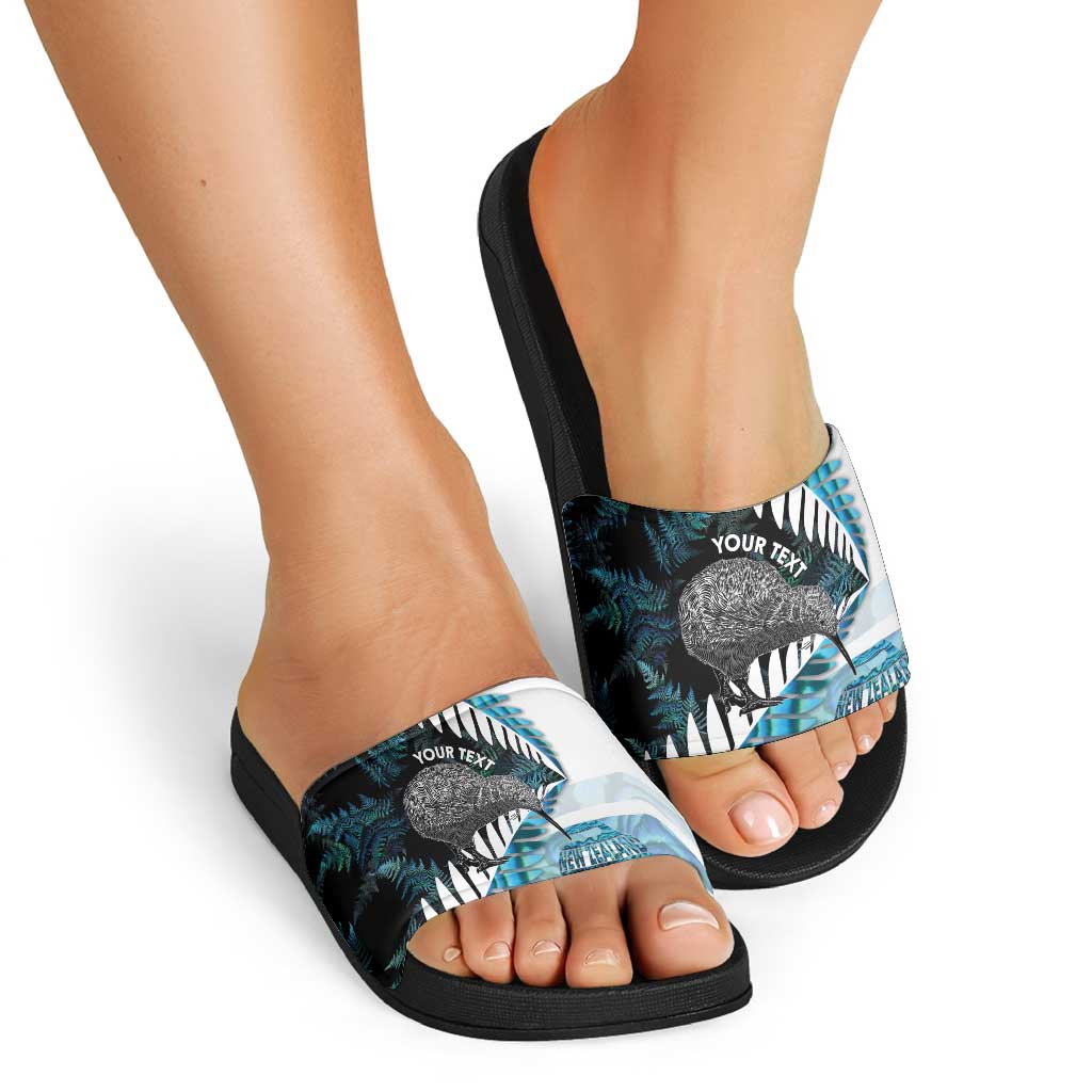 New Zealand Silver Fern Curling Personalised Slide Sandals Aotearoa Kiwi Ponga Paua Shell Version LT14 - Polynesian Pride