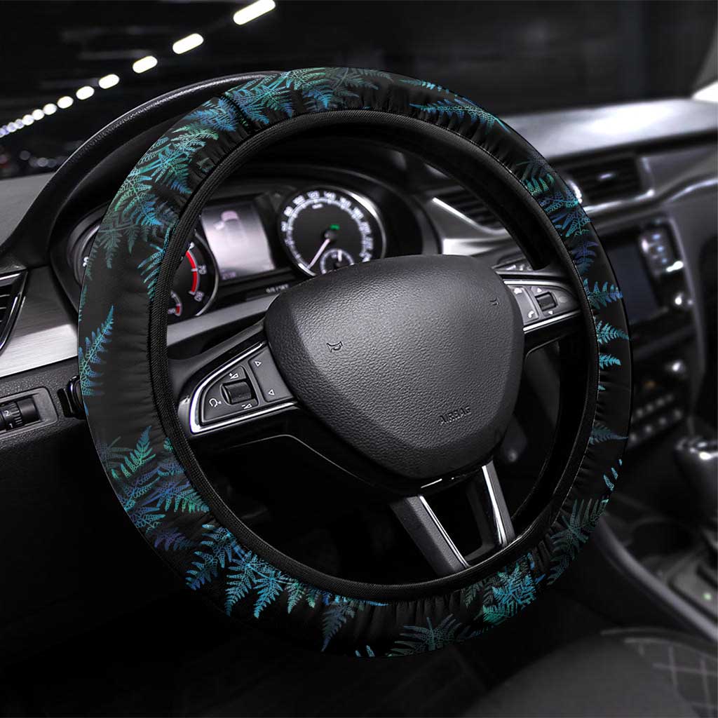 New Zealand Silver Fern Curling Steering Wheel Cover Aotearoa Kiwi Ponga Paua Shell Version LT14 Universal Fit Black - Polynesian Pride