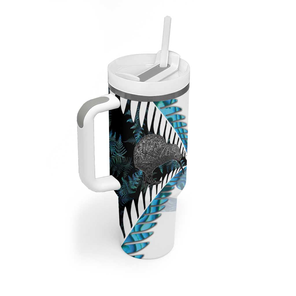 New Zealand Silver Fern Curling Personalised Tumbler With Handle Aotearoa Kiwi Ponga Paua Shell Version LT14 - Polynesian Pride