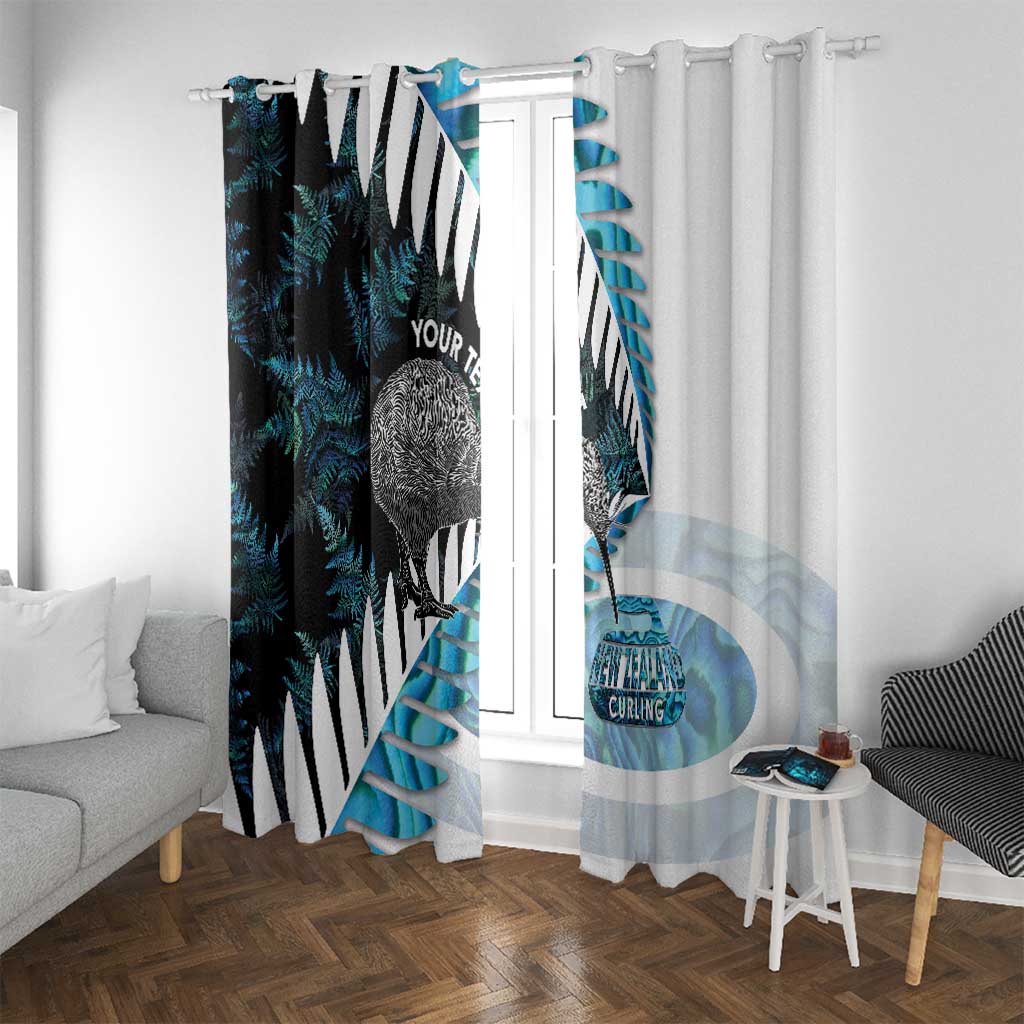 New Zealand Silver Fern Curling Personalised Window Curtain Aotearoa Kiwi Ponga Paua Shell Version LT14 With Grommets Black - Polynesian Pride