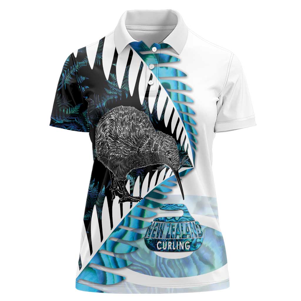 New Zealand Silver Fern Curling Personalised Women Polo Shirt Aotearoa Kiwi Ponga Paua Shell Version LT14 Female Black - Polynesian Pride