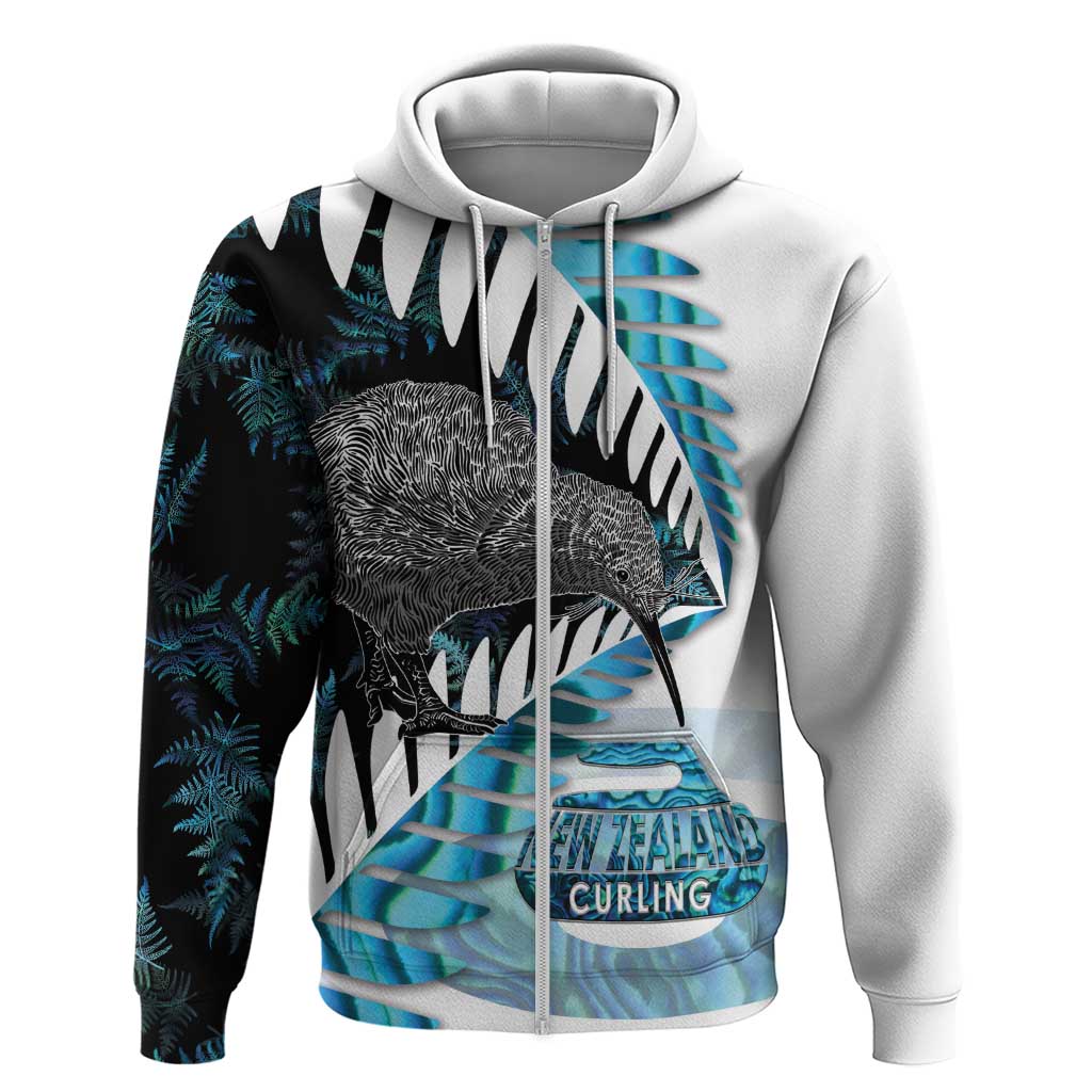 New Zealand Silver Fern Curling Personalised Zip Hoodie Aotearoa Kiwi Ponga Paua Shell Version LT14 Zip Hoodie Black - Polynesian Pride