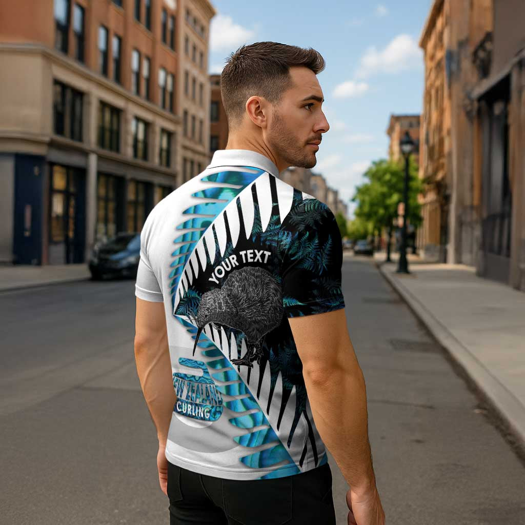 New Zealand Silver Fern Curling Personalised Zipper Polo Shirt Aotearoa Kiwi Ponga Paua Shell Version - Polynesian Pride