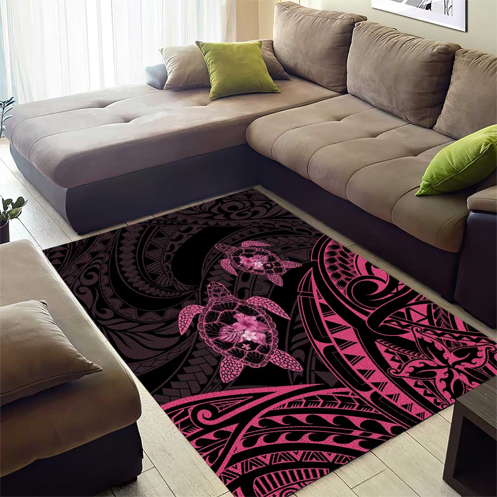 Pink Black Polynesia Floral Sea Turtle Area Rug LT14 - Polynesian Pride