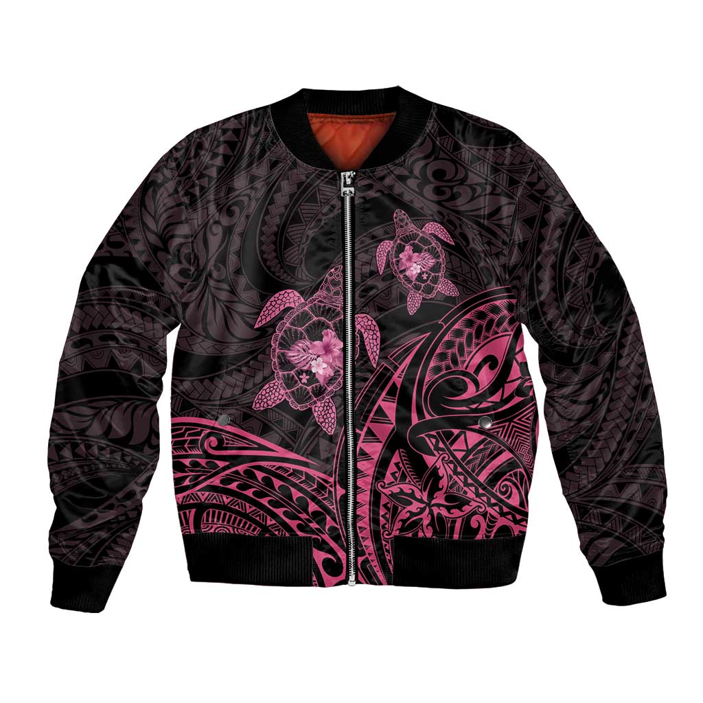 Pink Black Polynesia Floral Sea Turtle Bomber Jacket LT14 Unisex Black - Polynesian Pride