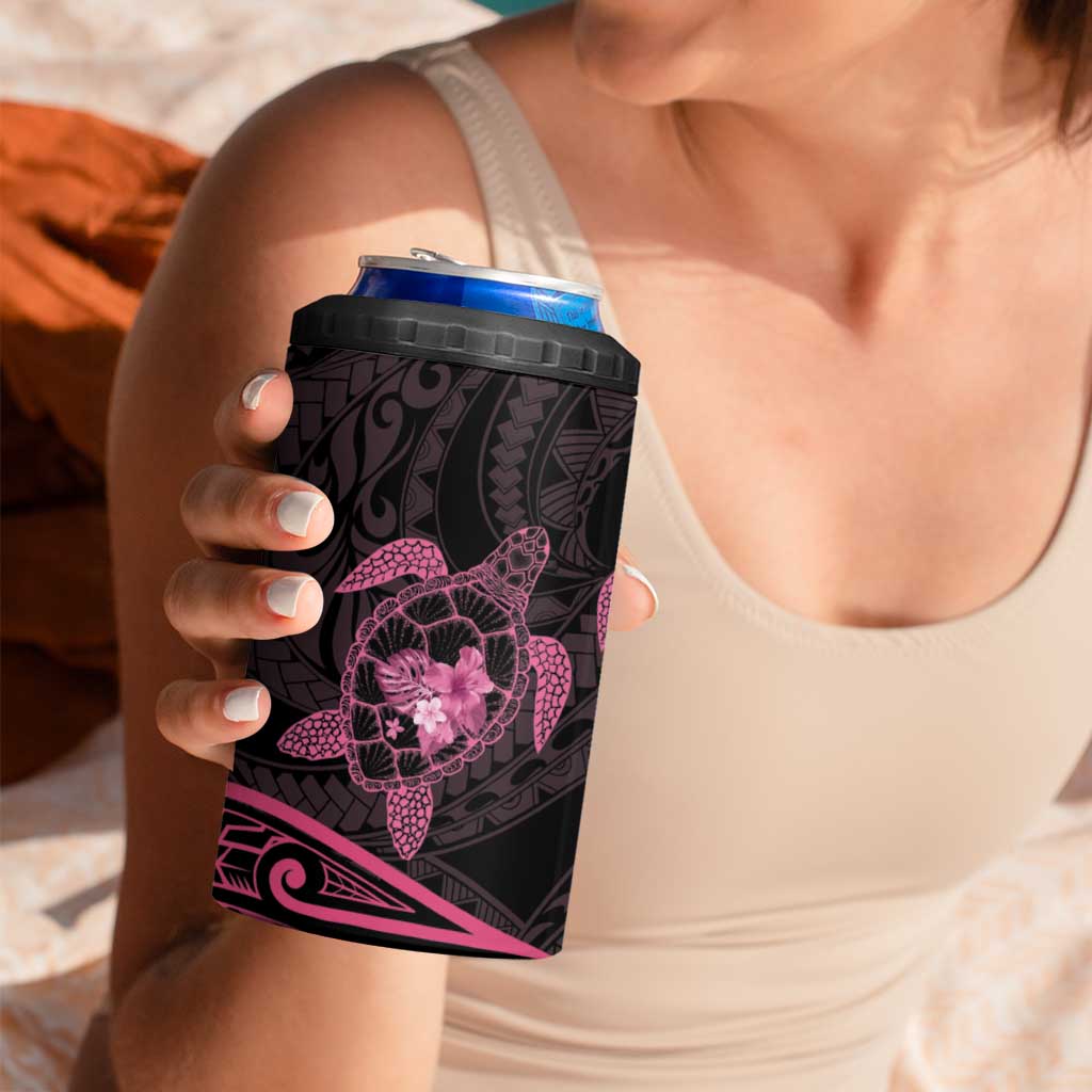 Pink Black Polynesia Floral Sea Turtle 4 in 1 Can Cooler Tumbler LT14 - Polynesian Pride