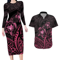 Pink Black Polynesia Floral Sea Turtle Couples Matching Long Sleeve Bodycon Dress and Hawaiian Shirt LT14 Black - Polynesian Pride