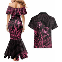 Pink Black Polynesia Floral Sea Turtle Couples Matching Mermaid Dress and Hawaiian Shirt LT14 - Polynesian Pride