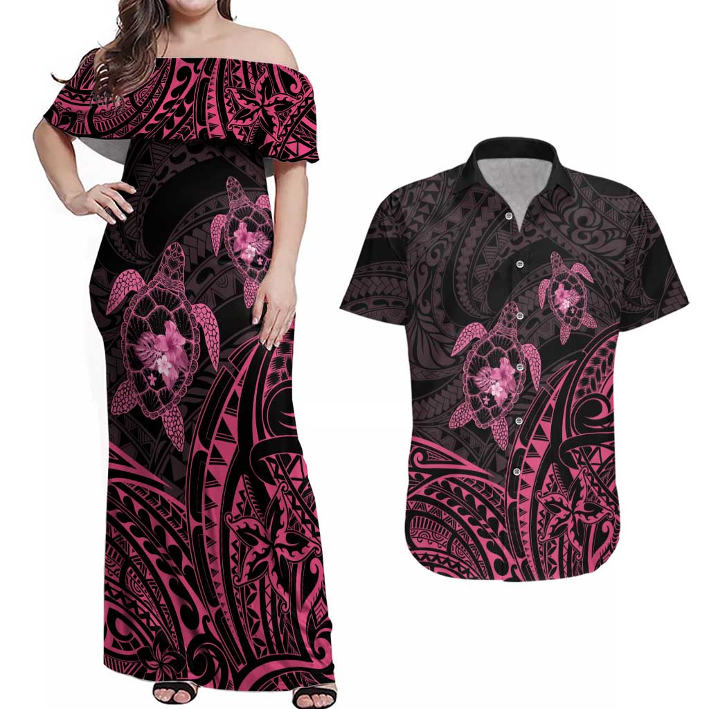 Pink Black Polynesia Floral Sea Turtle Couples Matching Off Shoulder Maxi Dress and Hawaiian Shirt LT14 Black - Polynesian Pride