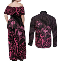Pink Black Polynesia Floral Sea Turtle Couples Matching Off Shoulder Maxi Dress and Long Sleeve Button Shirt LT14 - Polynesian Pride