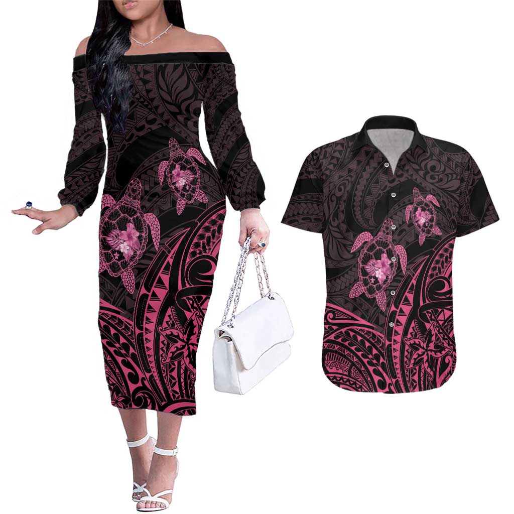 Pink Black Polynesia Floral Sea Turtle Couples Matching Off The Shoulder Long Sleeve Dress and Hawaiian Shirt LT14 Black - Polynesian Pride