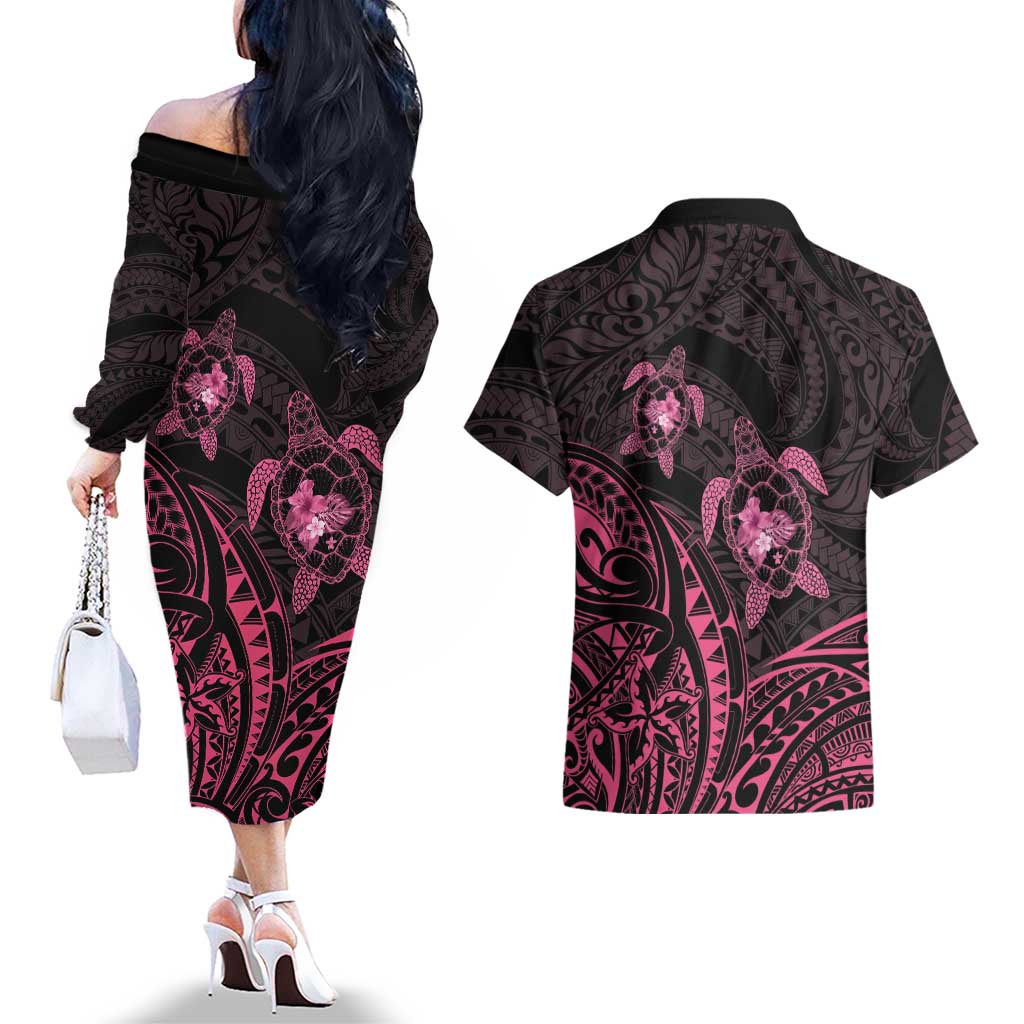 Pink Black Polynesia Floral Sea Turtle Couples Matching Off The Shoulder Long Sleeve Dress and Hawaiian Shirt LT14 - Polynesian Pride