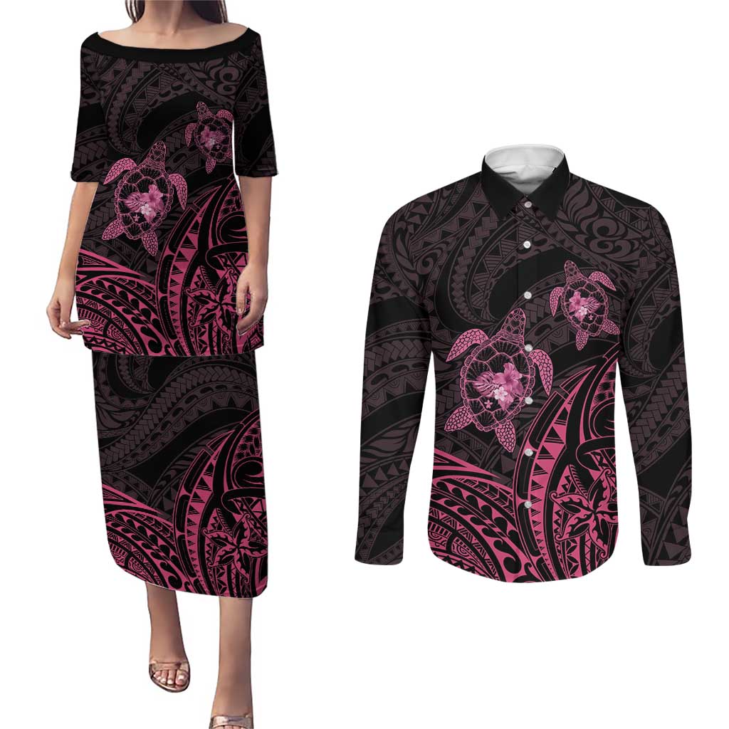 Pink Black Polynesia Floral Sea Turtle Couples Matching Puletasi and Long Sleeve Button Shirt LT14 Black - Polynesian Pride