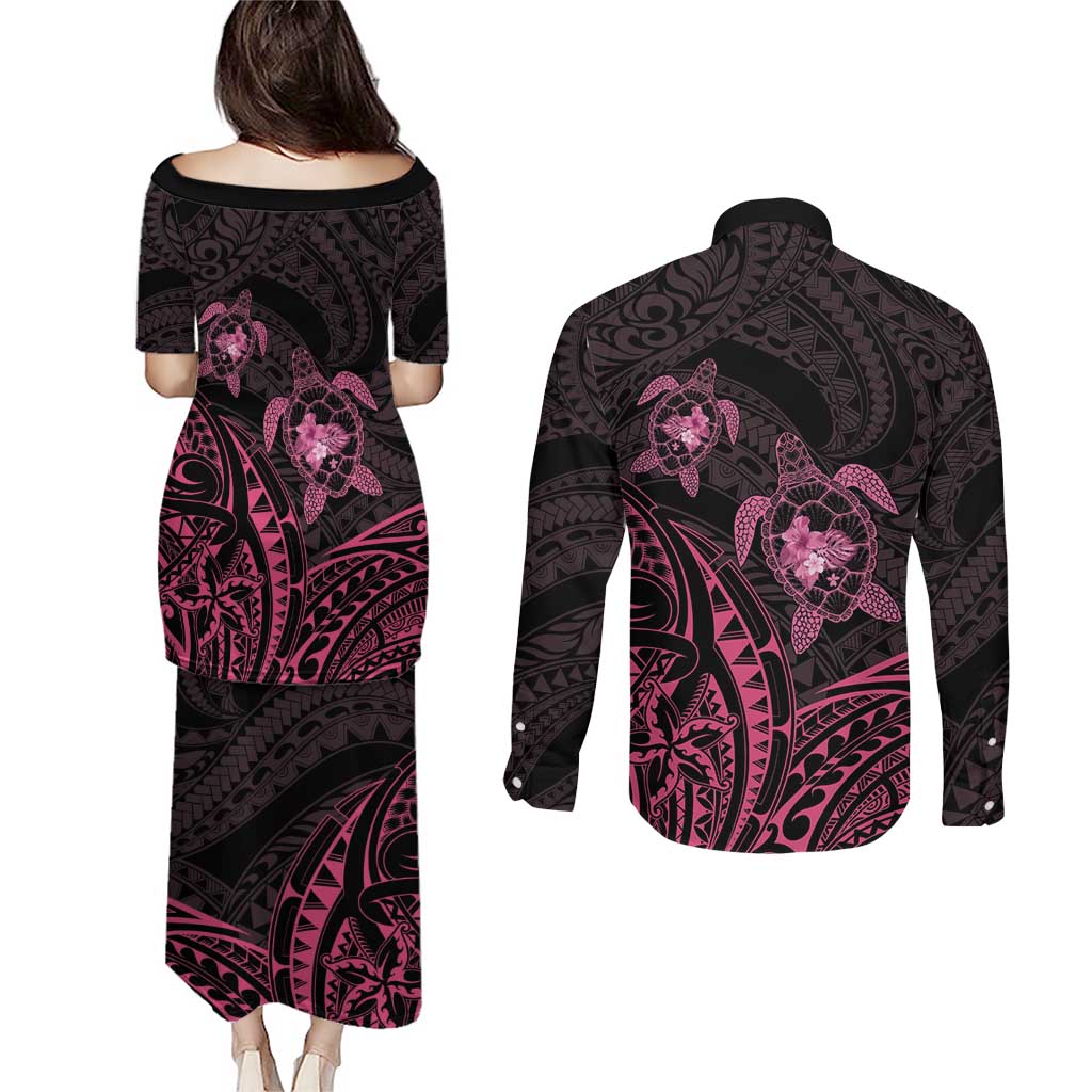Pink Black Polynesia Floral Sea Turtle Couples Matching Puletasi and Long Sleeve Button Shirt LT14 - Polynesian Pride