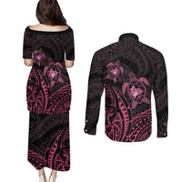 Pink Black Polynesia Floral Sea Turtle Couples Matching Puletasi and Long Sleeve Button Shirt LT14 - Polynesian Pride