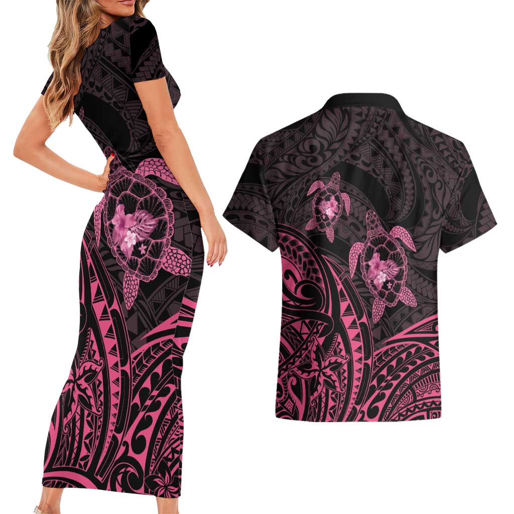 Pink Black Polynesia Floral Sea Turtle Couples Matching Short Sleeve Bodycon Dress and Hawaiian Shirt LT14 - Polynesian Pride