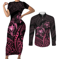 Pink Black Polynesia Floral Sea Turtle Couples Matching Short Sleeve Bodycon Dress and Long Sleeve Button Shirt LT14 Black - Polynesian Pride