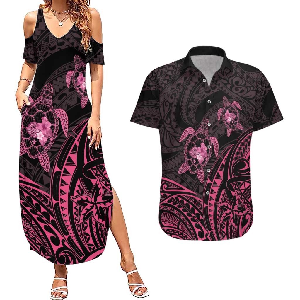 Pink Black Polynesia Floral Sea Turtle Couples Matching Summer Maxi Dress and Hawaiian Shirt LT14 Black - Polynesian Pride