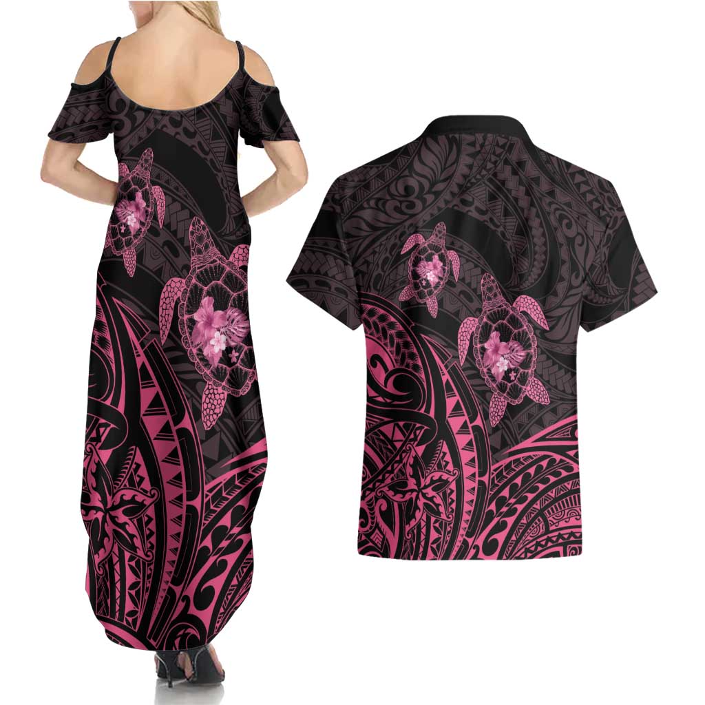 Pink Black Polynesia Floral Sea Turtle Couples Matching Summer Maxi Dress and Hawaiian Shirt LT14 - Polynesian Pride