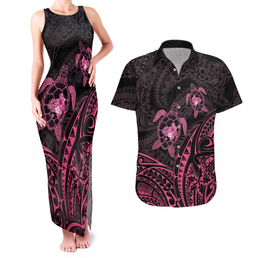 Pink Black Polynesia Floral Sea Turtle Couples Matching Tank Maxi Dress and Hawaiian Shirt LT14 Black - Polynesian Pride
