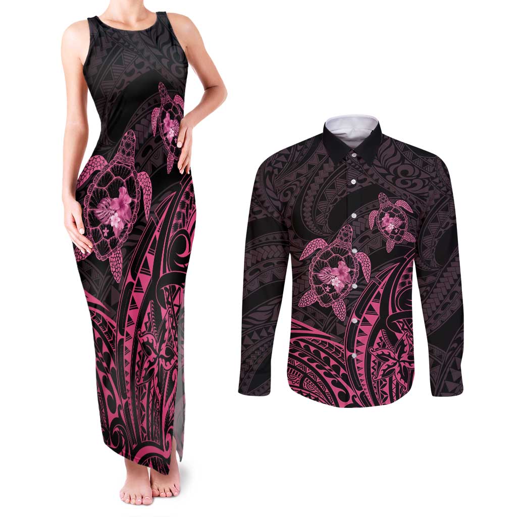 Pink Black Polynesia Floral Sea Turtle Couples Matching Tank Maxi Dress and Long Sleeve Button Shirt - Polynesian Pride